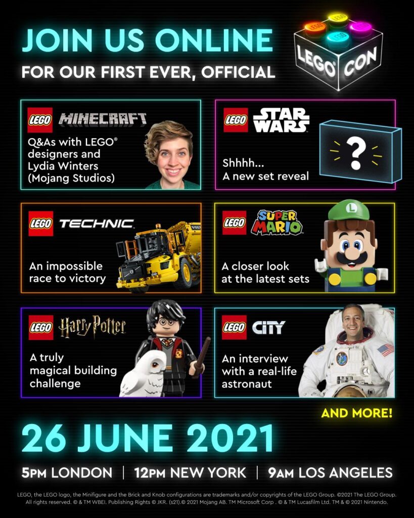 Infografía del contenido de LEGO CON 2021, incluyendo "un reto de construcción de LEGO Harry Potter, […] y también la revelación de un nuevo escenario de LEGO Star Wars." 