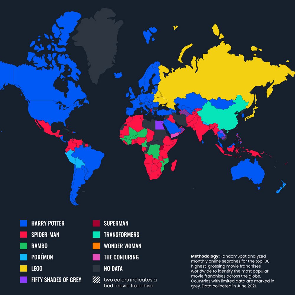 Mapa de FandomSpot señalando las sagas cinematográficas más populares en cada país de acuerdo con términos buscados en internet durante junio de 2021.