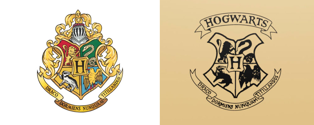 Comparación entre el lema del escudo de Hogwarts en WizardingWorld.com y el lema del mismo escudo en la versión original del paquete armable "Iconos de Hogwarts: Edición para Coleccionistas".